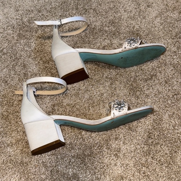 Betsey Johnson Satin Block Heel Crystal Embellished Sandals in Ivory - Picture 5 of 6